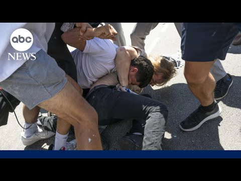 Pro-Palestinian protesters conflict with counter-protesters out of doors Los Angeles synagogue